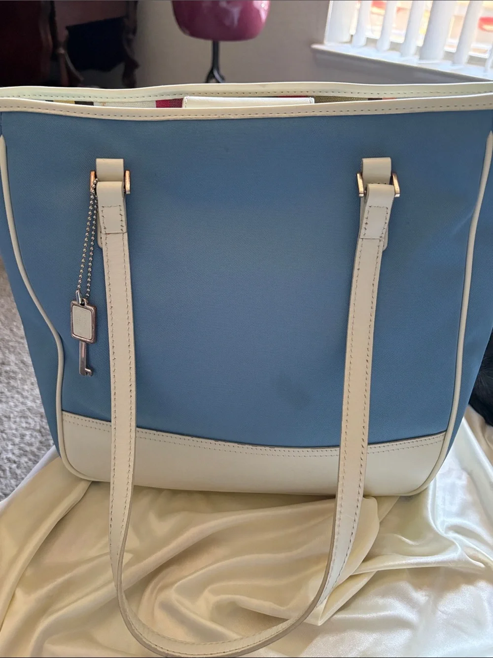 Fossil Blue and White Women’s Tote Bag - Classic Canvas and Leather by Fossil.